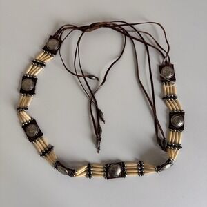 Vintage Brown Leather Concho Belt Silver Bone Hairpipe Beads Western Boho Style